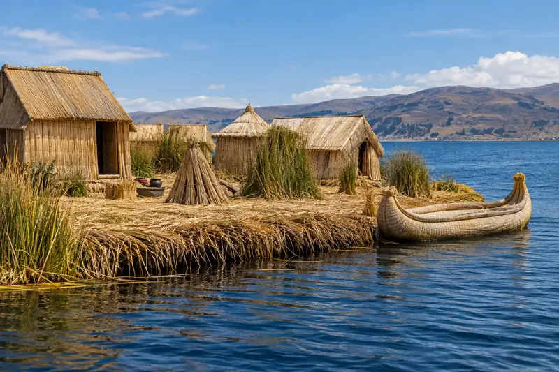 Île de roseaux avec des huttes et une barque de totora, sur un lac bleu