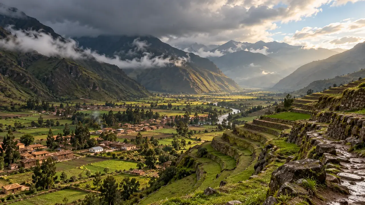 Vallée andine sous un ciel d’orage : village, champs et terrasses de pierre, montagnes dans les nuages
