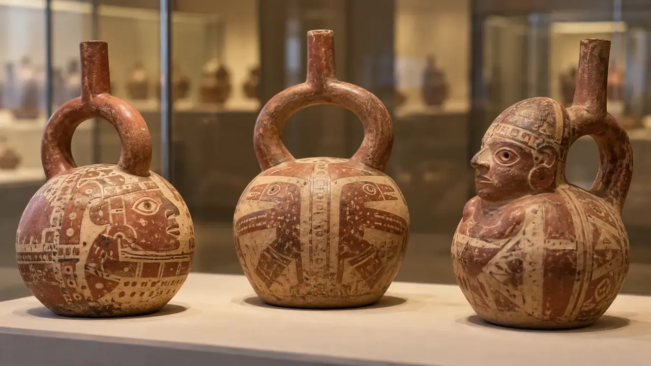 Trois vases à anse en étrier peints en rouge et crème, l’un en forme de tête humaine, dans une vitrine de musée