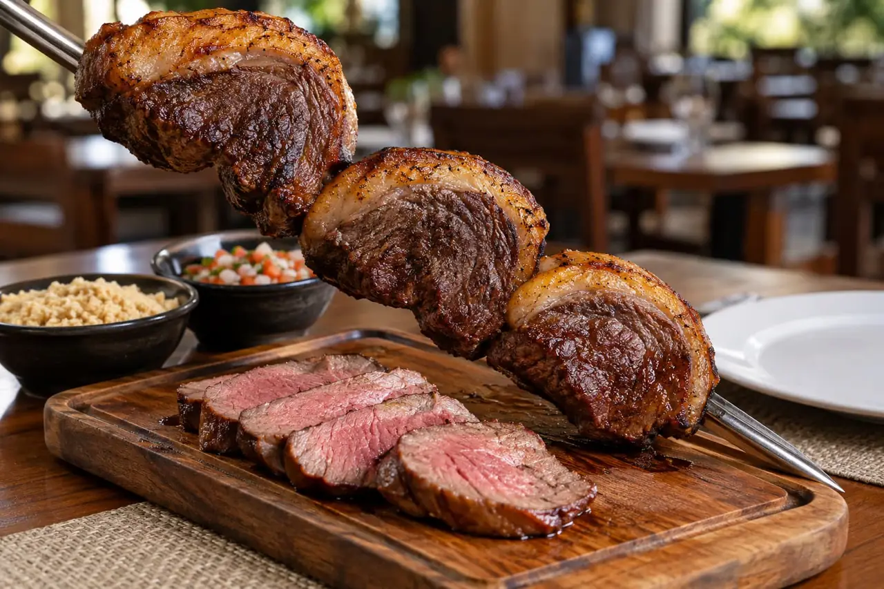 Morceaux de bœuf grillés sur une épée, tranches de viande sur une planche, farofa et salsa en accompagnement