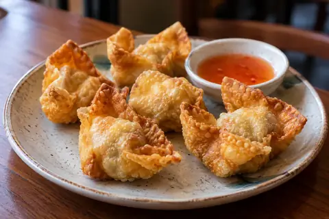 Wantáns frits dorés et croustillants, avec une coupelle de sauce aigre-douce